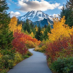 Majestic Snowcapped Mountain Overlooking Vibrant Autumn Forest Pathway With Colorful Foliage