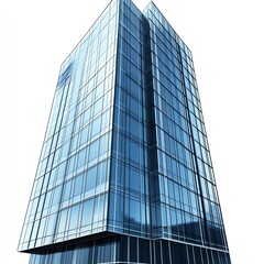 Obraz premium Modern Glass Skyscraper Reflecting Blue Sky On A White Background