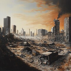 Post Apocalypse Cityscape With Rubble Smog And Damaged Skyscrapers At Sunset