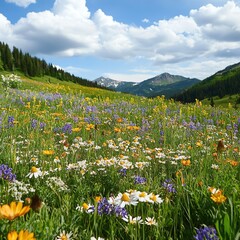Vibrant Alpine Meadow In Full Bloom Under A Bright Blue Sky With Fluffy Clouds