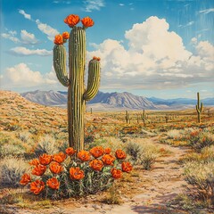 Vibrant Saguaro Cactus Bloom in Arid Desert Landscape with Poppies Under a Cloudy Sky