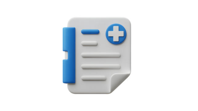 Medical document with plus sign in blue and white color scheme on a black background render style - Powered by Adobe