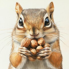 Close Up Portrait of an Adorable Chipmunk Holding a Pile of Nuts in its Paws Against a White