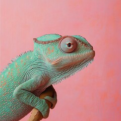 A Close Up Pixelated Chameleon In Teal And Orange Perched On A Branch Against A Textured Pink