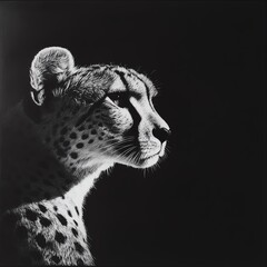 Close Up Black And White Portrait Of A Cheetah Head In Profile Against A Dark Background