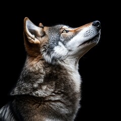 Close Up Profile Of A Wolf With Intense Eyes Looking Up Against A Dark Background