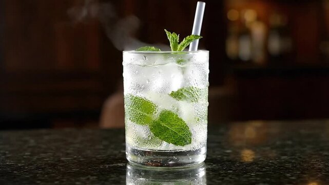 Refreshing Mojito Cocktail with Mint Leaves and Ice Cubes on Bar Counter a Transparent Glass with a Straw Placed on a Dark Marbled Tabletop in Ambient Lighting