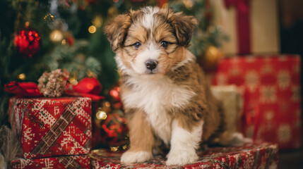 Adorable sleepy puppy dog sitting on Christmas gift. cute pet animal waiting for holiday season with festive tree decoration