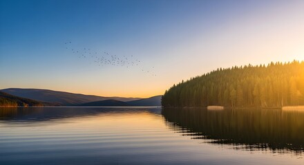 Obraz premium Serene Lake Sunrise Sunset Reflection Golden Forest Tranquil Nature Landscape