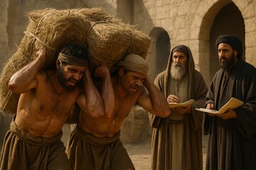 Bible image of men carrying heavy bales on their backs, with effort and sweat, as scribes watch unaided.