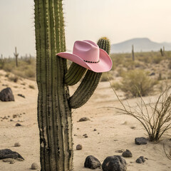 pink cowboy hat gently resting on the arm of