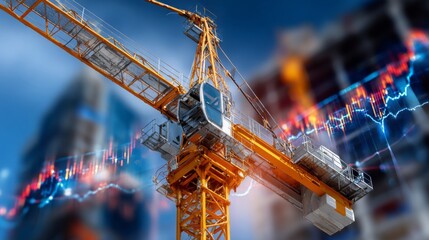 Construction crane towers over city buildings while financial charts illustrate economic activity in the marketplace