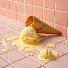 a soft yellow ice cream melting slowly over pink