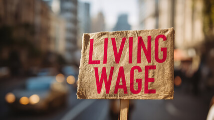 Determined protest placard for living wage and activism on city street. sign represents strike for fair pay and economic justice