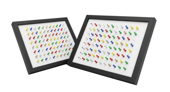 Strategic planning concept with colorful pushpins pinned to two framed notice boards isolated PNG with Transparent Background