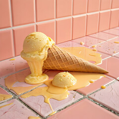a soft yellow ice cream melting slowly over pink