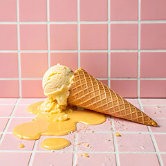 a soft yellow ice cream melting slowly over pink