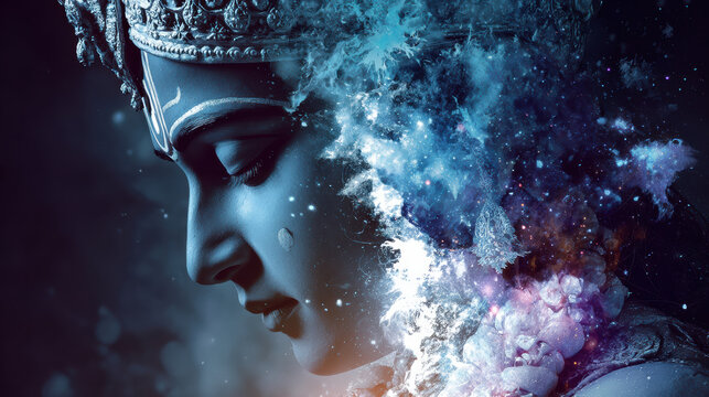 Divine blue Hindu god in serene profile with luminous aura dissolving into cosmic energy. spiritual concept of celestial guidance and peace