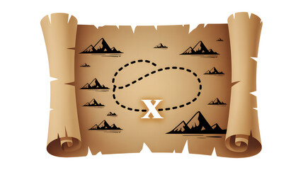 A treasure map on parchment with mountains and a dotted line leading to the x marking the spot