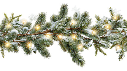 Snowy green Christmas garland branches with lights isolated on transparent background high resolution PNG for festive holiday decor banners and social media
