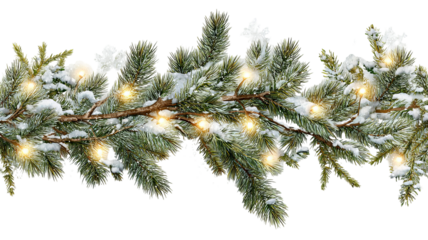 Snowy green Christmas garland branches with lights isolated on transparent background high resolution PNG for festive holiday decor banners and social media
