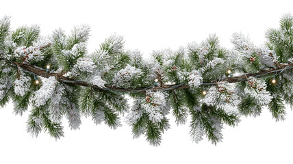 Snowy green Christmas garland branches with lights isolated on transparent background high resolution PNG for festive holiday decor banners and social media
