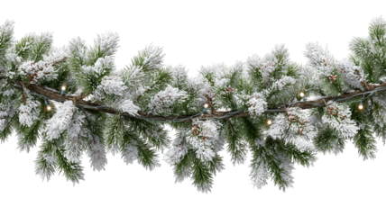 Snowy green Christmas garland branches with lights isolated on transparent background high resolution PNG for festive holiday decor banners and social media
