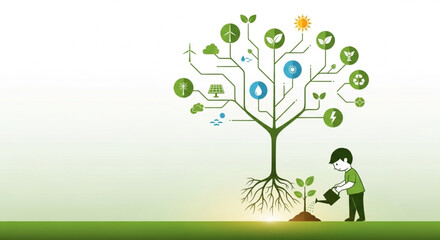 Vector tree growing with eco energy symbols like solar panels, water drops, and leaves, representing sustainability.