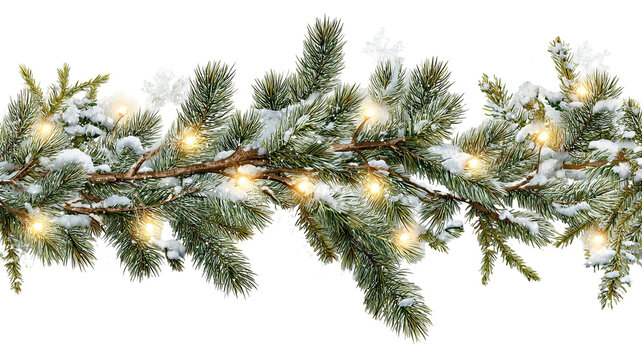 Snowy green Christmas garland branches with lights isolated on transparent background high resolution PNG for festive holiday decor banners and social media
