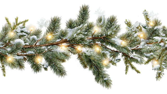 Snowy green Christmas garland branches with lights isolated on transparent background high resolution PNG for festive holiday decor banners and social media
