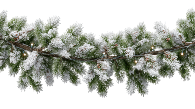 Snowy green Christmas garland branches with lights isolated on transparent background high resolution PNG for festive holiday decor banners and social media
