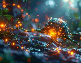 Glowing neuron in a lush, fantastical green environment