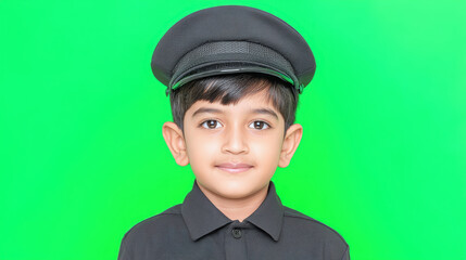Smiling Indian kid in police uniform costume with hat. pleasant boy looking at camera on green screen background for cutout