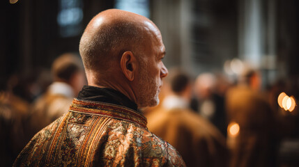 Obraz premium Mature caucasian clergyman in an ornate gold robe stands with contemplative faith. man in church during religious service or ceremony