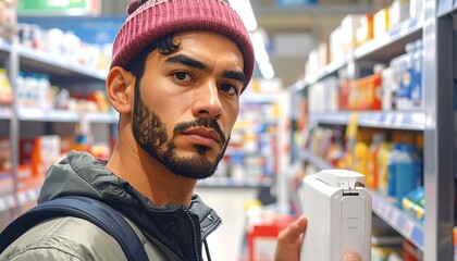 Man in Supermarket Aisle - Focused Shopper with Pink Beanie.