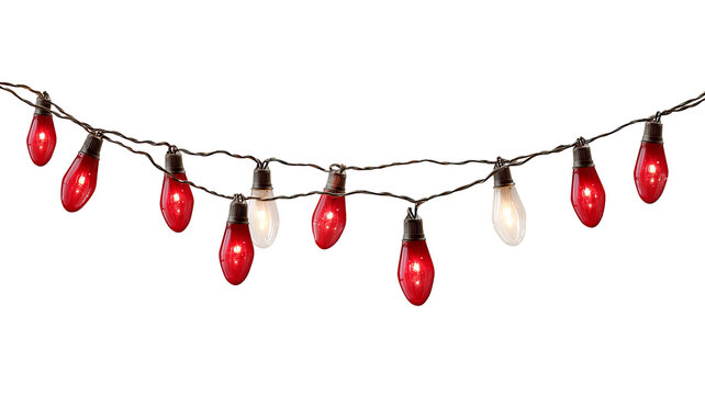Red christmas lights string isolated on transparent background glowing festive illumination high resolution png for holiday decoration new year celebration and winter design