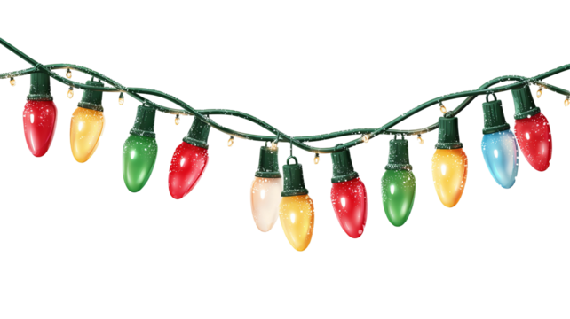 String of colorful christmas lights with green wire isolated on transparent background glowing multicolored bulbs festive decoration high resolution png for holiday and new year design