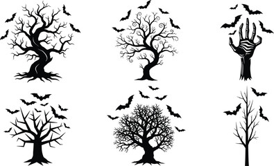 Spooky tree silhouettes, Halloween vector set, eerie forest elements, haunted nature graphics, bats and branches design, horror themed illustration pack