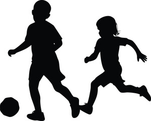 Silhouettes of two children playing soccer with a ball outdoors