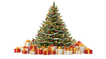Festive Christmas tree with wrapped gifts isolated on transparent background high resolution PNG for holiday greeting cards banners web design and social media
