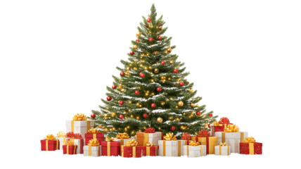 Festive Christmas tree with wrapped gifts isolated on transparent background high resolution PNG for holiday greeting cards banners web design and social media
