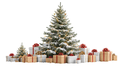 Festive Christmas tree with wrapped gifts isolated on transparent background high resolution PNG for holiday greeting cards banners web design and social media