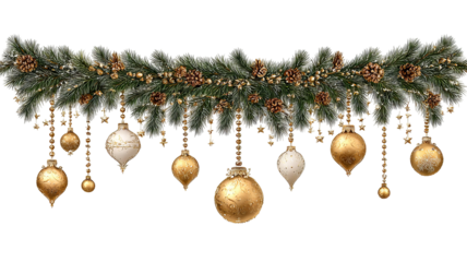 Golden Christmas garland with hanging ornaments isolated on white background high resolution PNG for festive chandelier decor cards banners and web design
