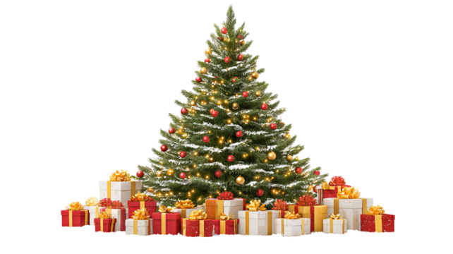Festive Christmas tree with wrapped gifts isolated on transparent background high resolution PNG for holiday greeting cards banners web design and social media