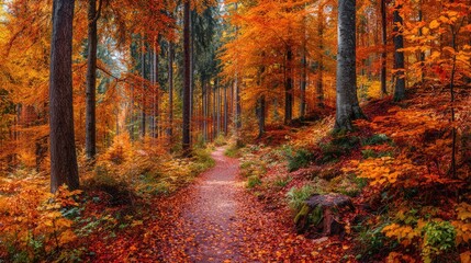 Obraz premium a tranquil autumnal forest scene. a winding dirt path cuts through the landscape, inviting exploration amidst the vibrant colors of fall