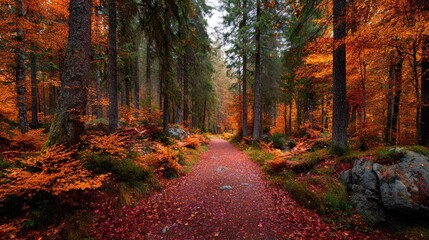 Fototapeta premium an enchanting autumnal forest, where vibrant orange leaves carpet the ground beneath trees that stand tall against the overcast sky