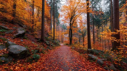 a scenic view of an autumn forest with vibrant orange leaves lining the pathway, leading through the wooded area towards a brightly lit clearing in the background, surrounded by majestic trees