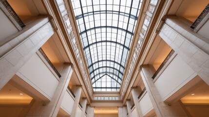 Grand Atrium with High Ceilings and Skylight in Modern Architectural Design, Showcasing Elegant Interior Space and Natural Light