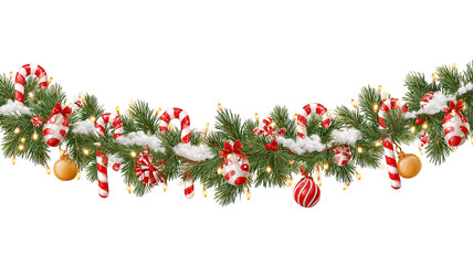 Festive christmas garland adorned with ornaments candy canes and glowing lights isolated on transparent background joyful holiday decoration high resolution png for winter and new year design