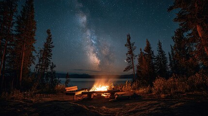 this is an evening nightscape of a camping area with a clear view of the milky way galaxy and a large campfire in the foreground, surrounded by trees and a serene lake